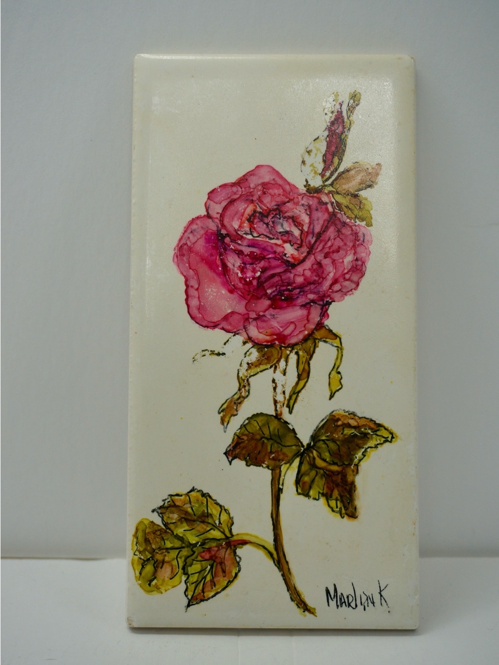 Vintage Style Signed Pink Rose Ceramic Art Tile Hanging
